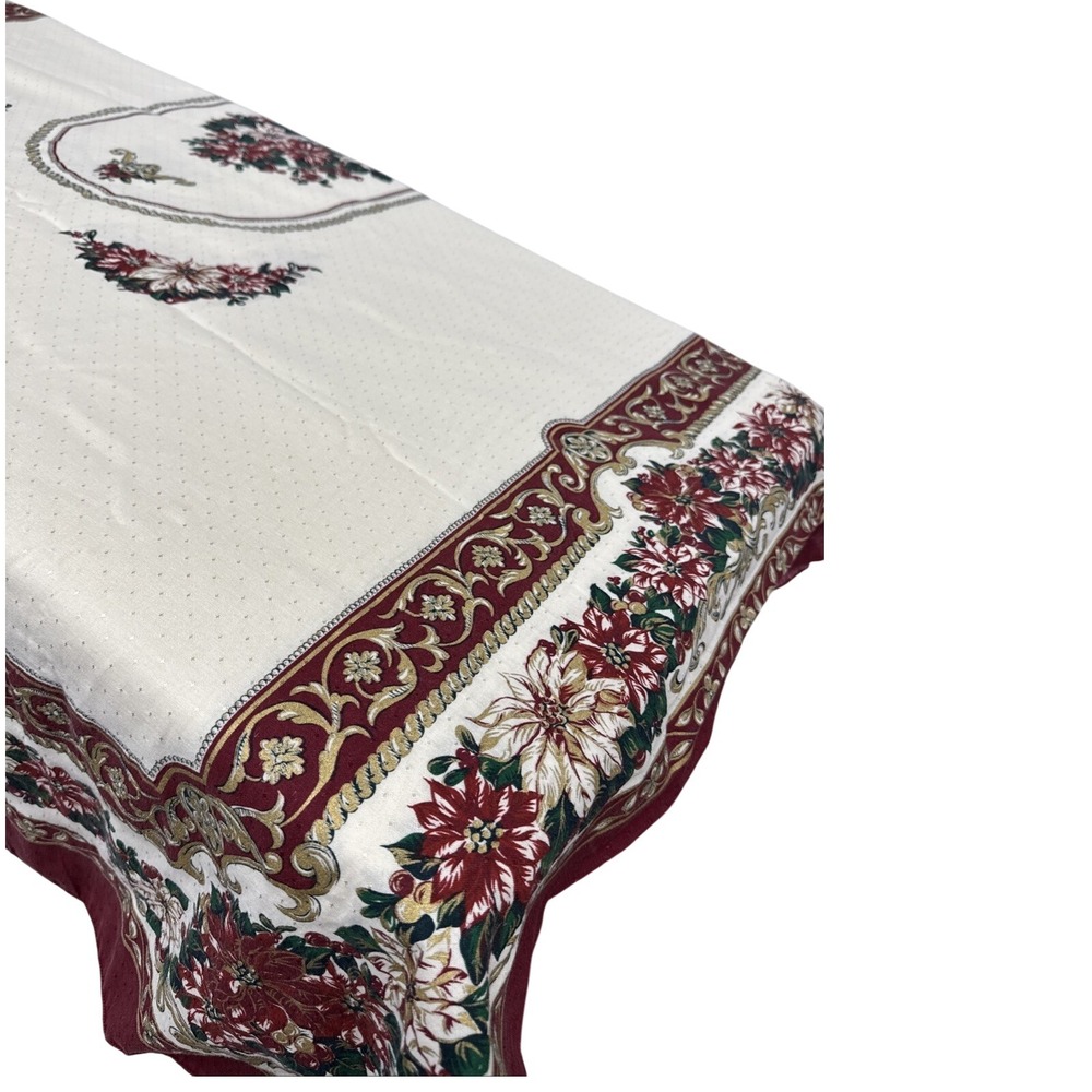 Vintage Holiday Christmas‎ Tablecloth Poinsettias Red Gold Green Approx 84"x58"